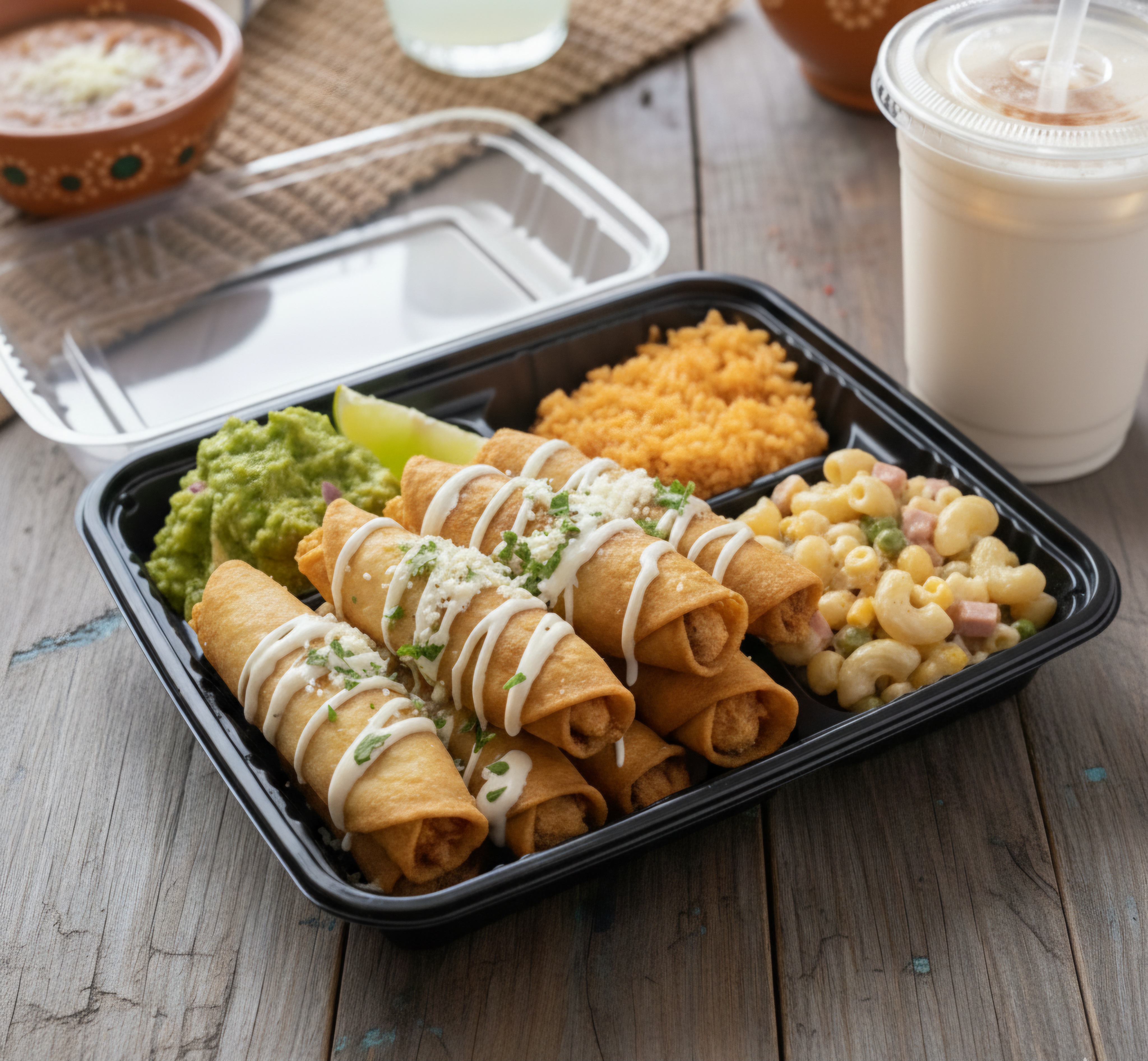 Flautas de pollo crujientes con guarniciones