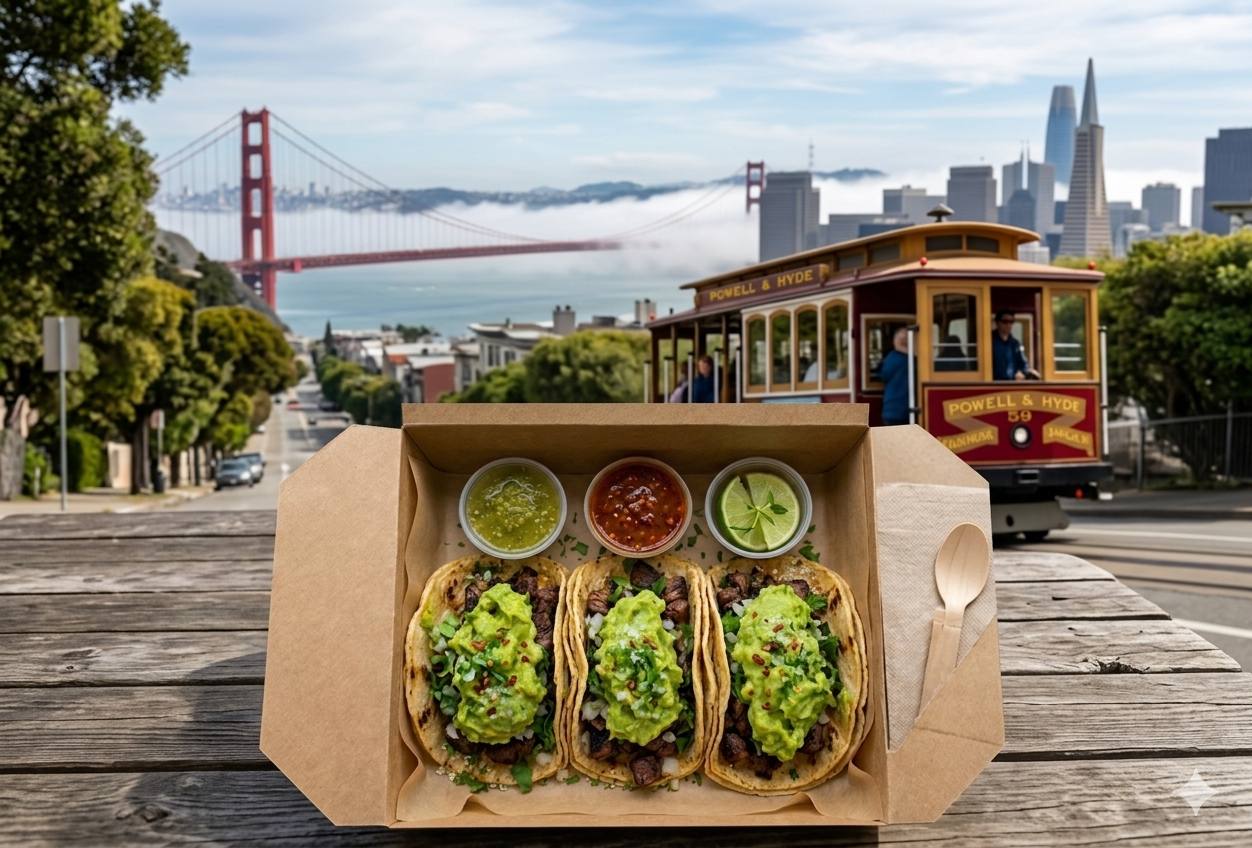 Tacos TACO TACO con vista de San Francisco, Golden Gate y cable car